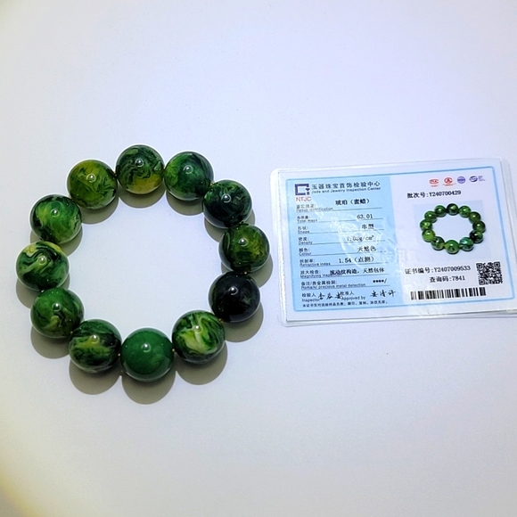 20mm Green Swirl Beeswax Amber Beaded Stretch Bracelet Size 7" Certified Beads - Picture 5 of 10